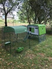 A Cube chicken coop in a garden with a chicken run with a cover and grub feeders