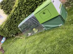 Green Eglu Cube large chicken coop and run with clear cover in garden