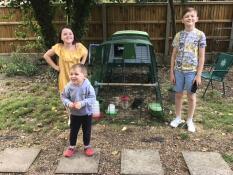 The grandchildren with our three pekin bantams 