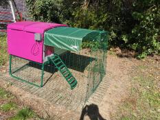 Omlet pink Eglu Cube large chicken coop and run with shade cover