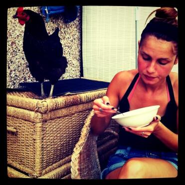 Lady and chicken