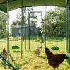 Chickens inside a walk in run enclosure with feeders and perches, and a family playing in the background.